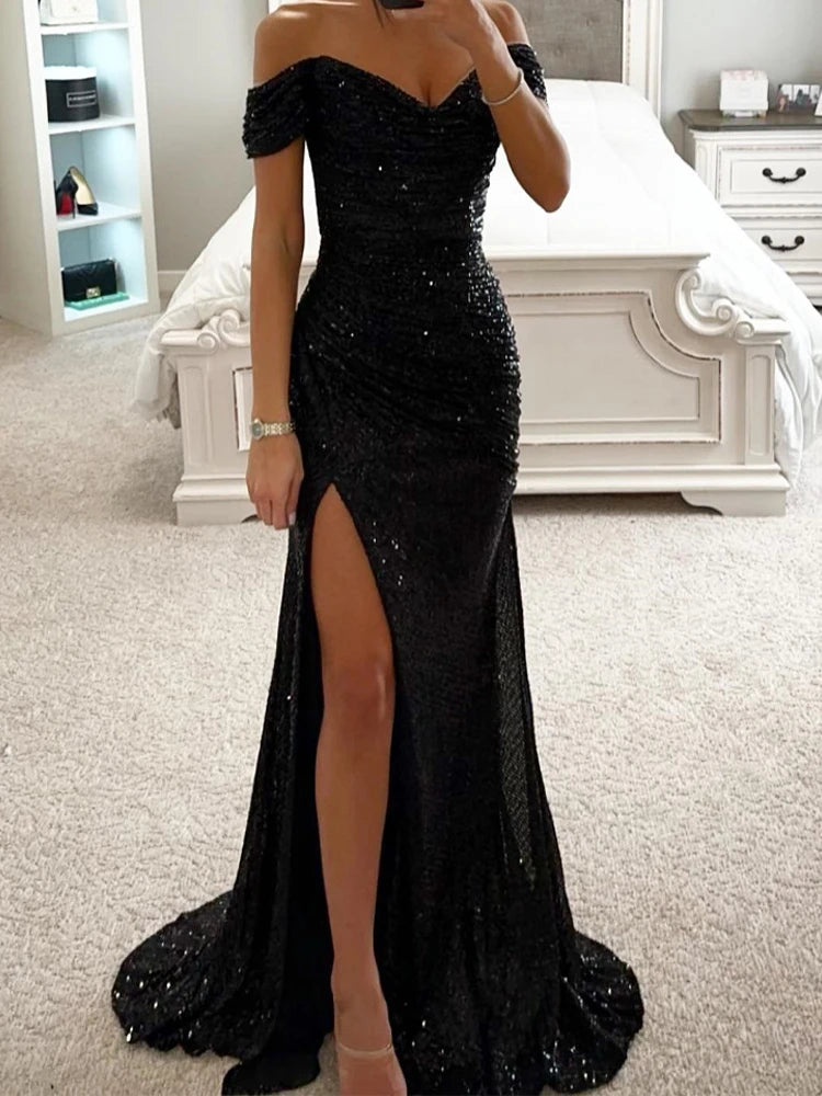 Sequin Off-Shoulder Maxi Dress Elegant Evening Glamour (Buy 2 Free Shipping)