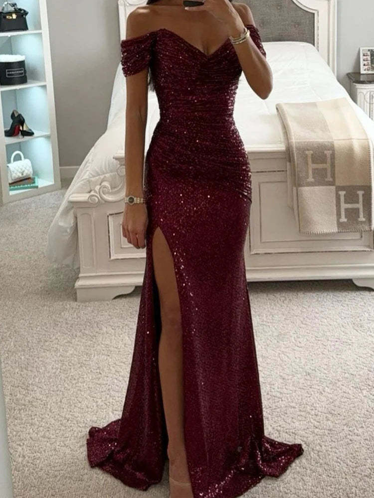 Sequin Off-Shoulder Maxi Dress Elegant Evening Glamour (Buy 2 Free Shipping)