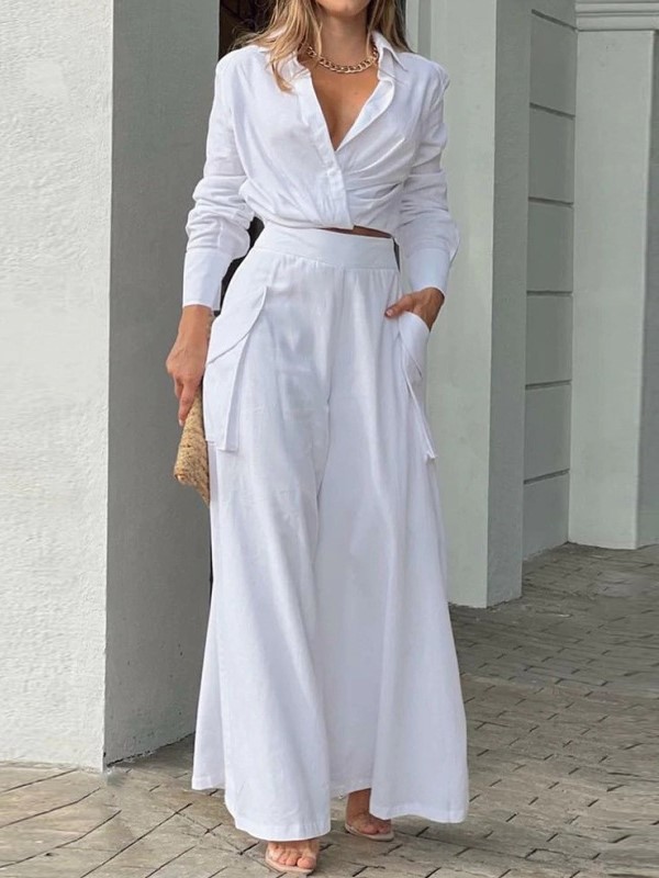 Elegant Collar Crop Top High Waist Wide Leg Pants Set