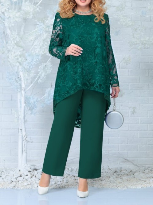 Elegant Lace Overlay Asymmetric Hem Top and Pants Set