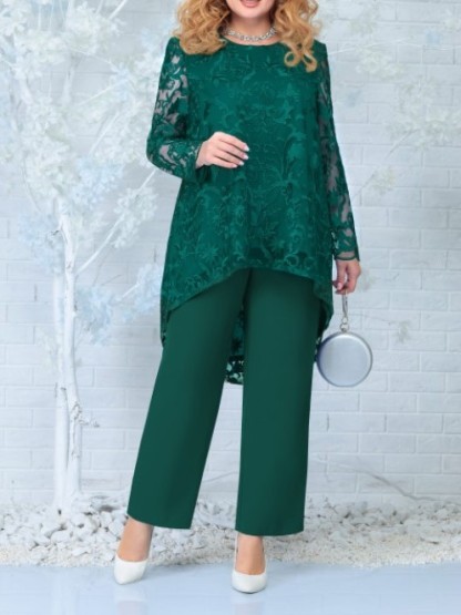 Elegant Lace Overlay Asymmetric Hem Top and Pants Set