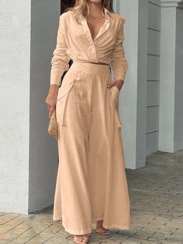 Elegant Collar Crop Top High Waist Wide Leg Pants Set