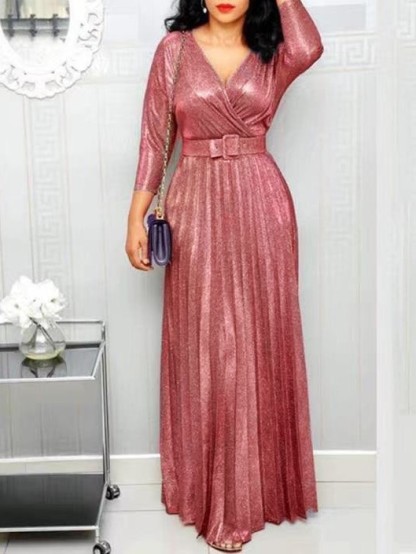 Shiny Sequin Belted V-Neck Pleated Maxi Dress (Buy 2 Free Shipping)