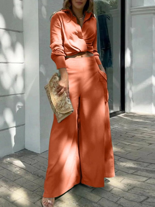 Elegant Collar Crop Top High Waist Wide Leg Pants Set