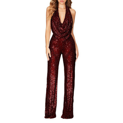 Sequin Halter Boot Cut Jumpsuits (Buy 2 Free Shipping)