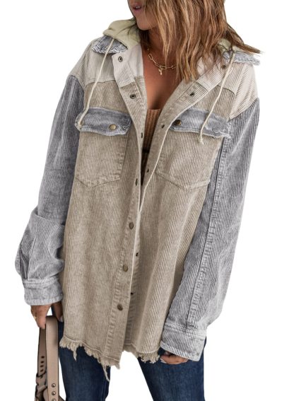 2024 Fall Long Sleeve Button Down Color Block Corduroy Hooded Jacket(BUY 2 10% OFF)