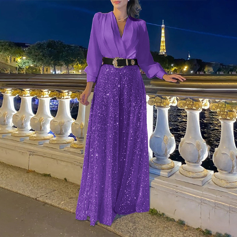 Stylish V-Neck Long Sleeve Shirt & Sequin Wide Leg Pants Set (Buy 2 Free Shipping)
