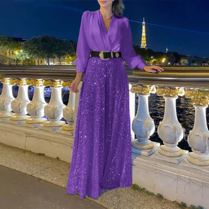 Stylish V-Neck Long Sleeve Shirt & Sequin Wide Leg Pants Set (Buy 2 Free Shipping)