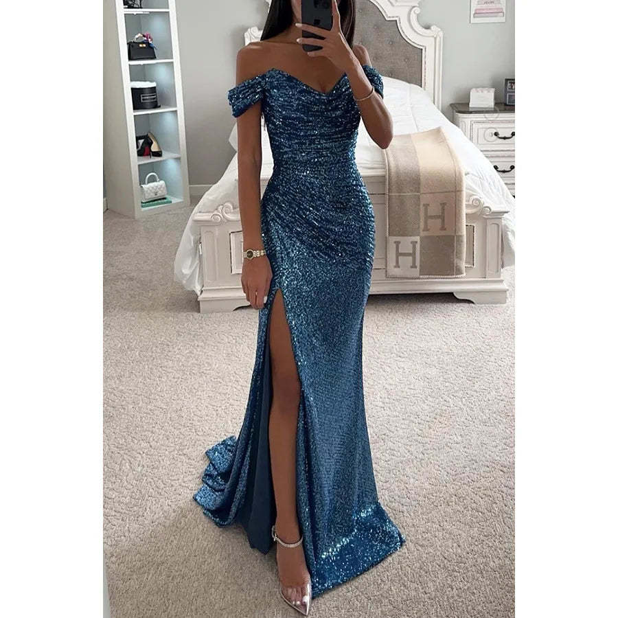 Sequin Off-Shoulder Maxi Dress Elegant Evening Glamour (Buy 2 Free Shipping)