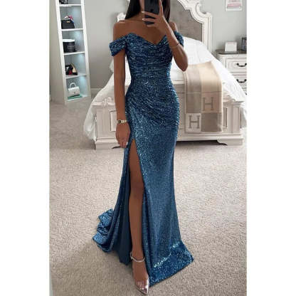 Sequin Off-Shoulder Maxi Dress Elegant Evening Glamour (Buy 2 Free Shipping)