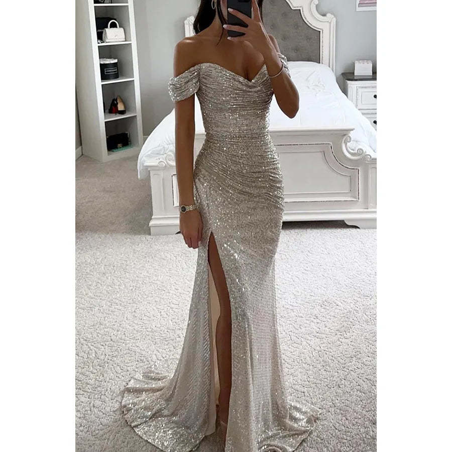 Sequin Off-Shoulder Maxi Dress Elegant Evening Glamour (Buy 2 Free Shi