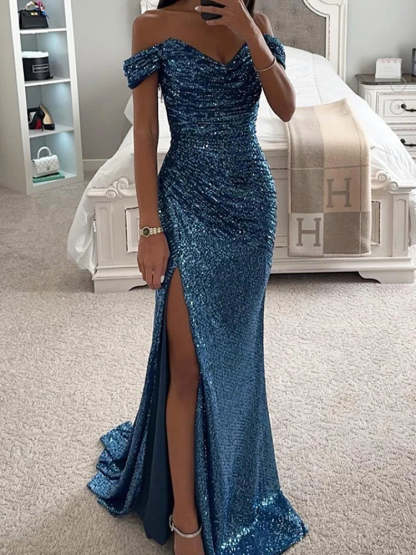 Sequin Off-Shoulder Maxi Dress Elegant Evening Glamour (Buy 2 Free Shipping)