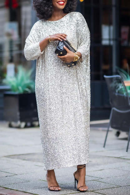Glittery Sequin Drop Shoulder Maxi Dress (Buy 2 Free Shipping)