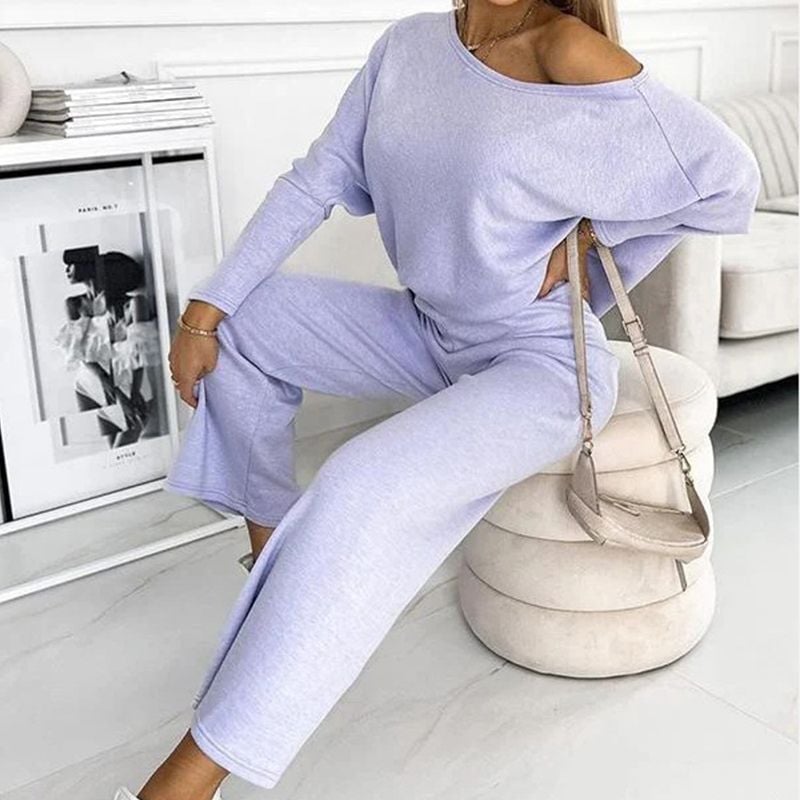 Solid Color Drop Shoulder Pullover and Loose Pants Set (Buy 2 Free Shipping)
