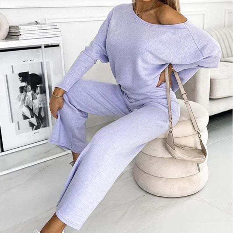 Solid Color Drop Shoulder Pullover and Loose Pants Set (Buy 2 Free Shipping)