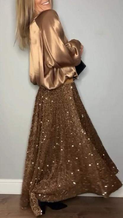 Satin Top & Sequin Maxi Skirt Two Piece Set (Buy 2 Free Shipping)