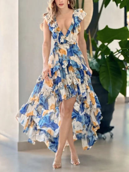 Floral Ruffle High-Low Backless Dress with Deep V-Neck