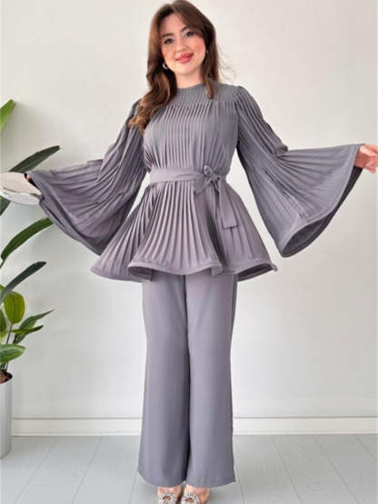 Pleated Bell Sleeve Top and Wide-Leg Pants Two Piece Set (Buy 2 Free Shipping)