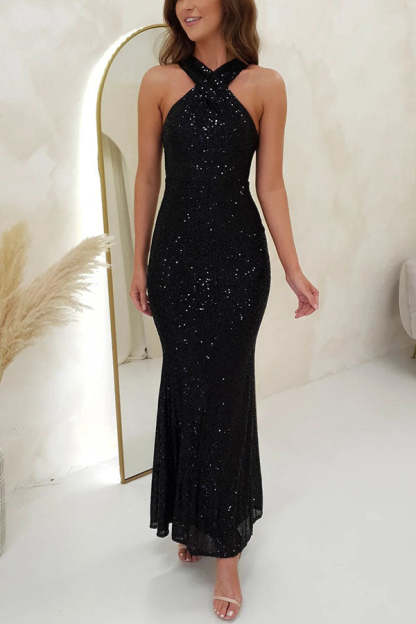 Time To Sparkle Sequin Cross Halter Neck Backless Maxi Dress (Buy 2 Free Shipping)