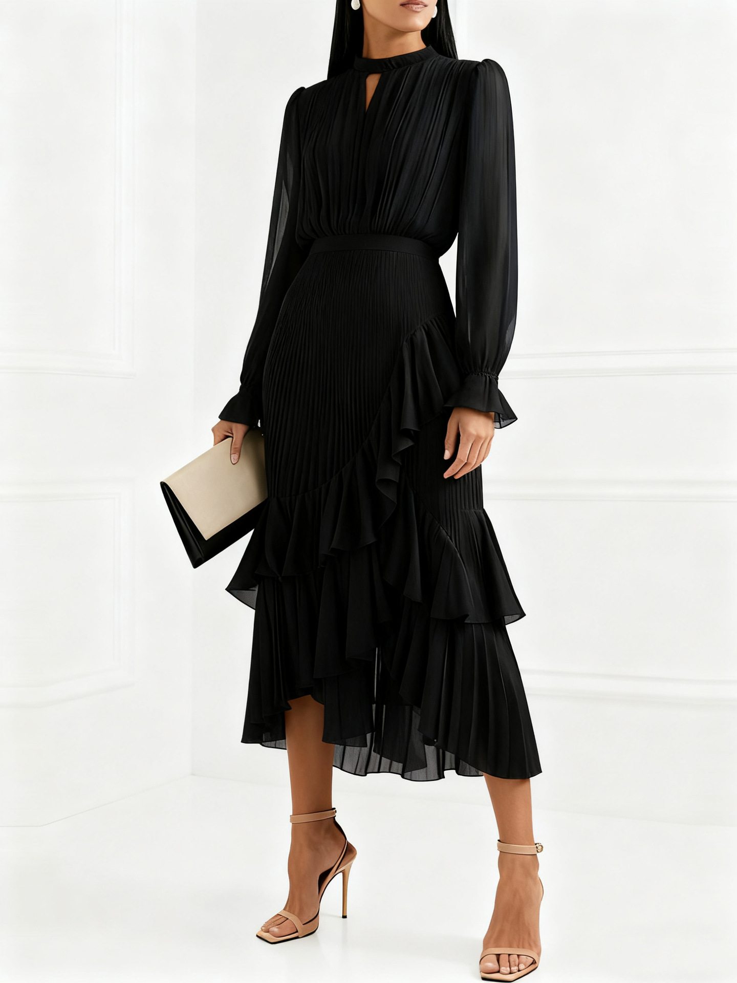 Elegant Pleated Ruffle Asymmetrical Long Sleeve Dress (Buy 2 Free Shipping)