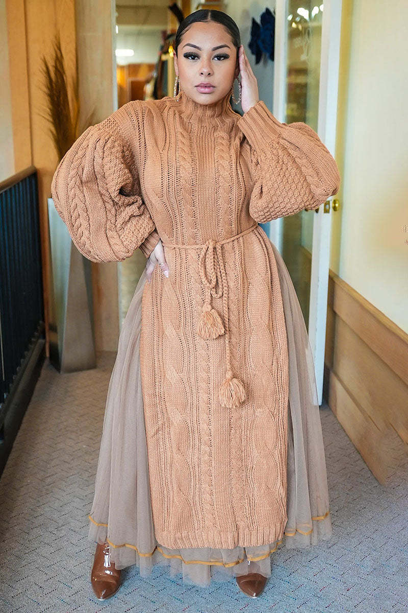 Cozy Chunky Knit Mock Neck Mesh Hem Dress (Buy 2 Free Shipping)