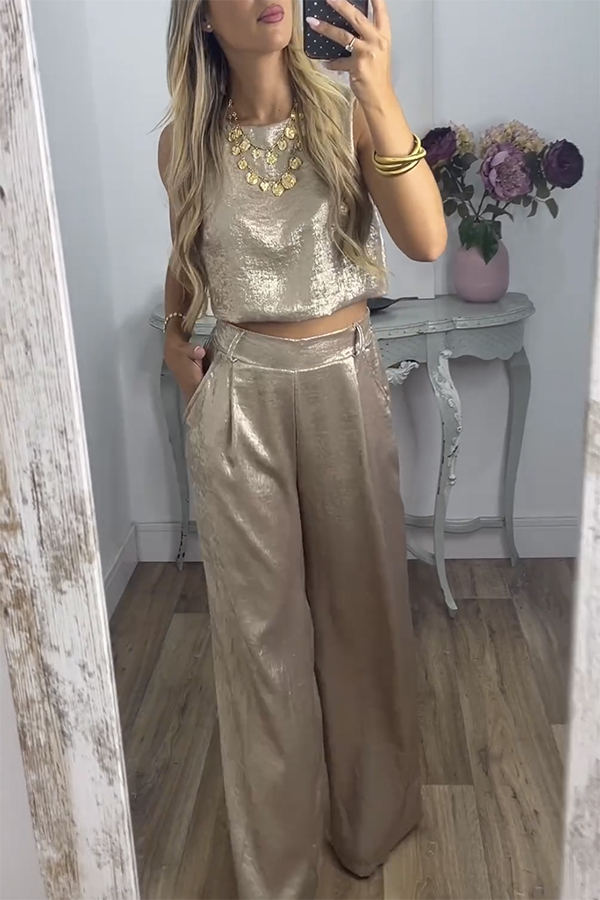 Metallic Fabric Back Buttons Crop Tank and Elastic Waist Pocketed Wide Leg Pants Set
