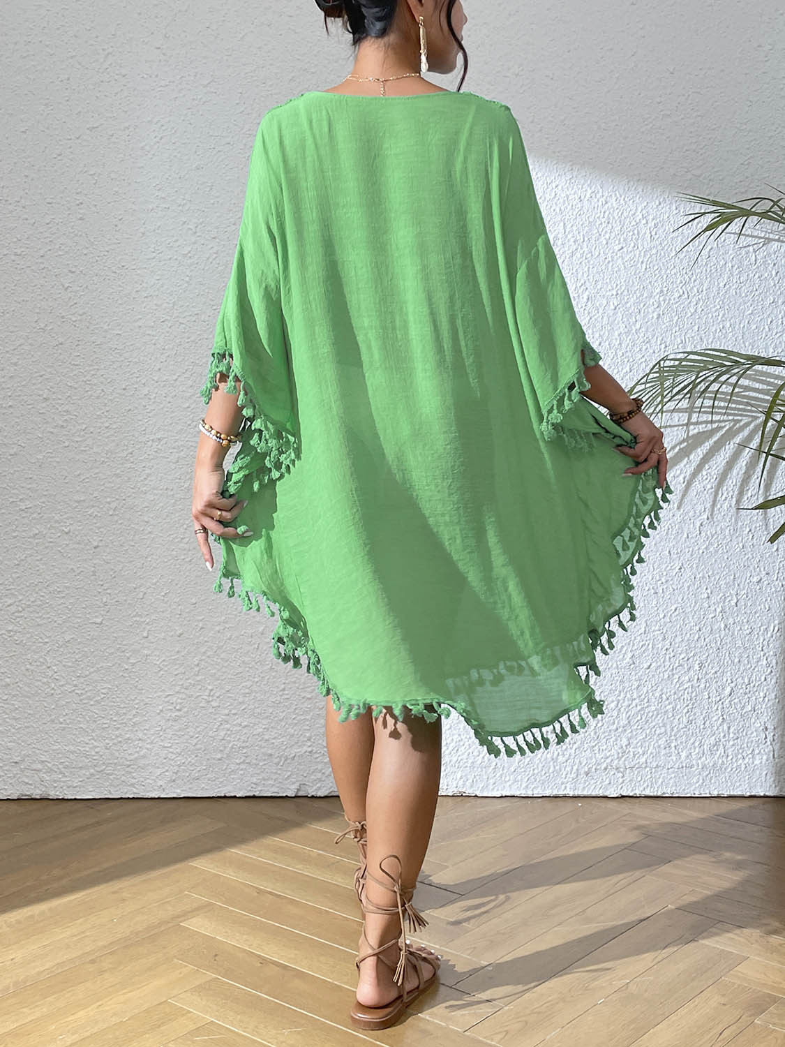 Boho Tassel Trim Crochet Yoke Loose Kaftan Dress