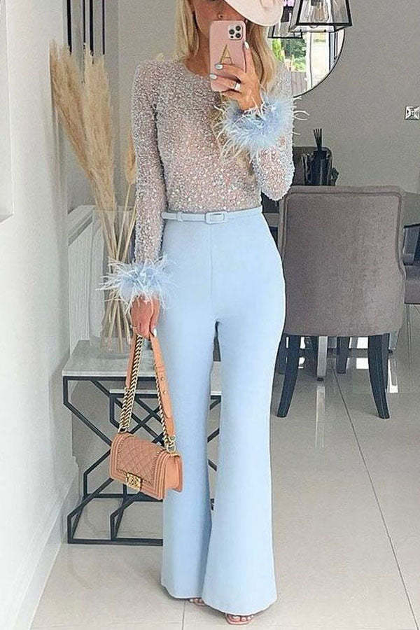 Ready for Vegas Feather Detail Trim Sequin Jumpsuit (Free Shipping)