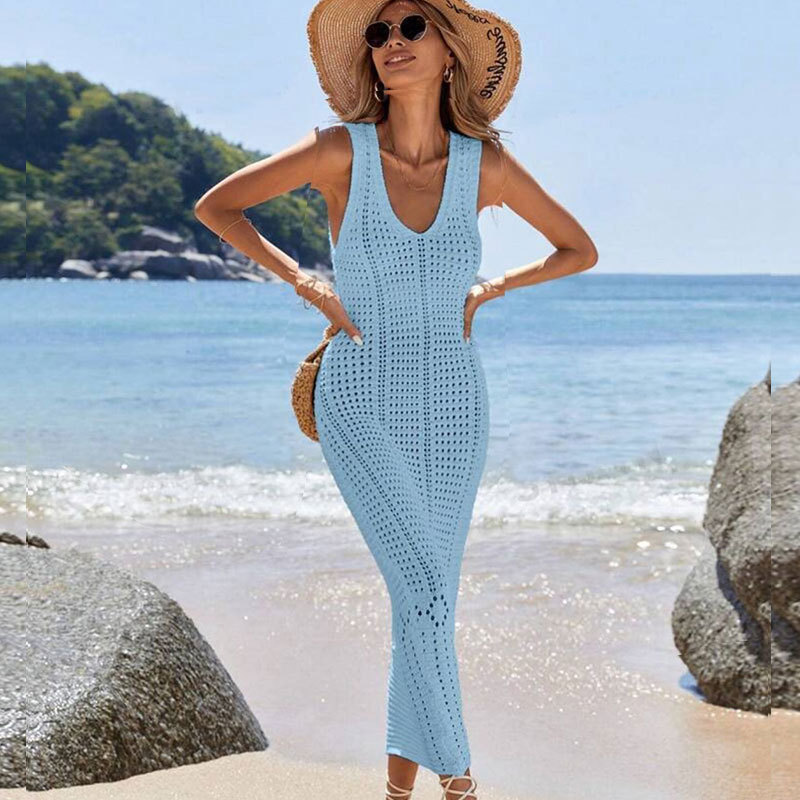 Elegant V-Neck Sleeveless Crochet Knit Maxi Dress