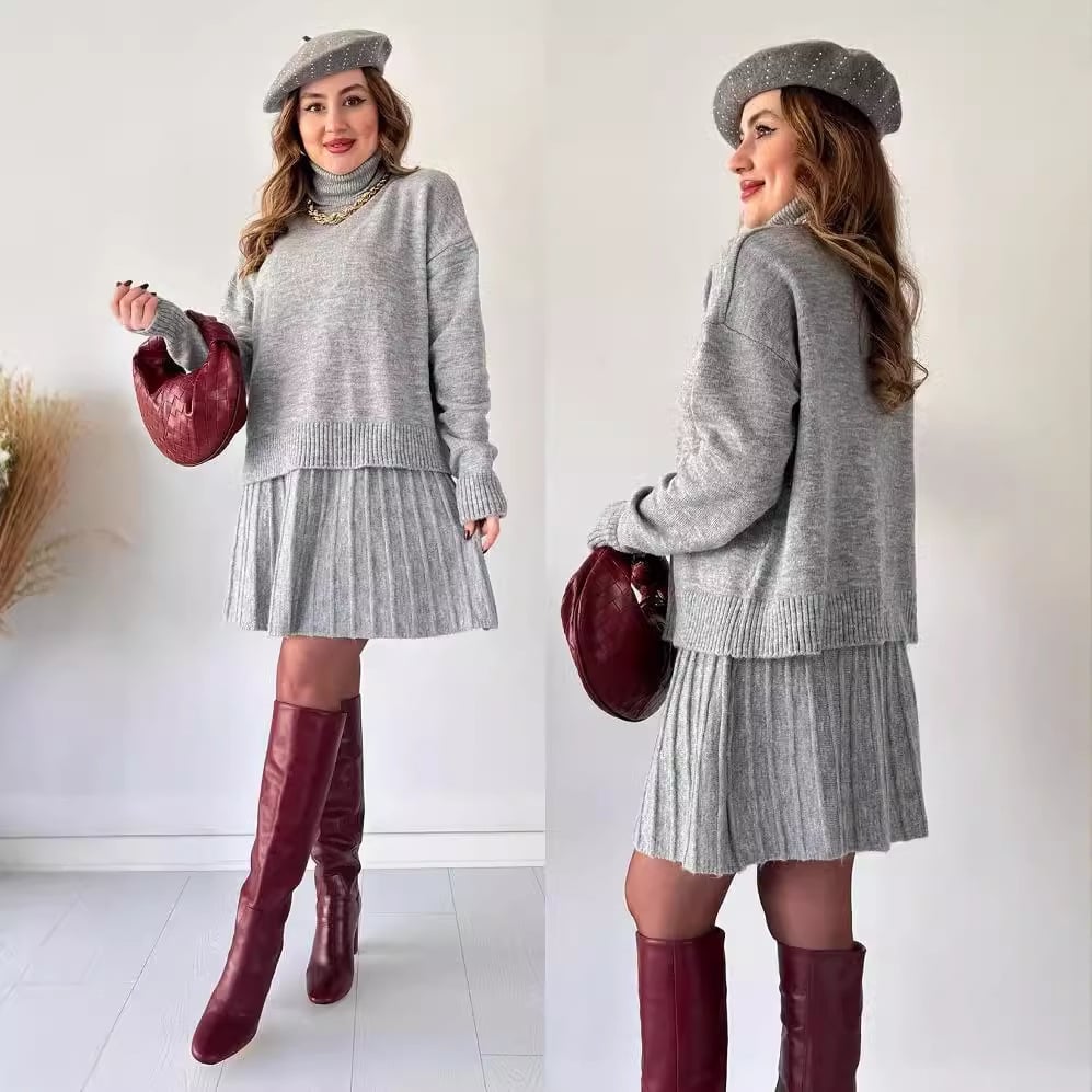 High-Neck Knitted Skirt Suit for Elegant Style(Top + Skirt)