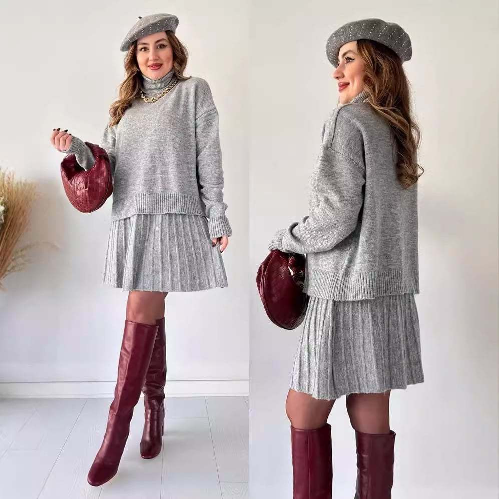 High-Neck Knitted Skirt Suit for Elegant Style(Top + Skirt)
