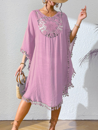 Boho Tassel Trim Crochet Yoke Loose Kaftan Dress