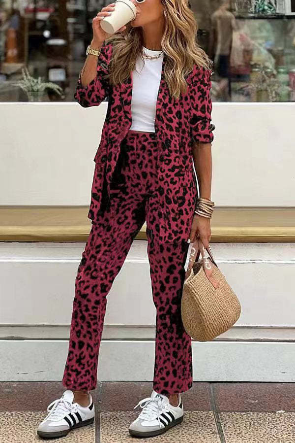 Leopard Pocket Relaxed Lapel Blazer and Elastic Waist Pants Set