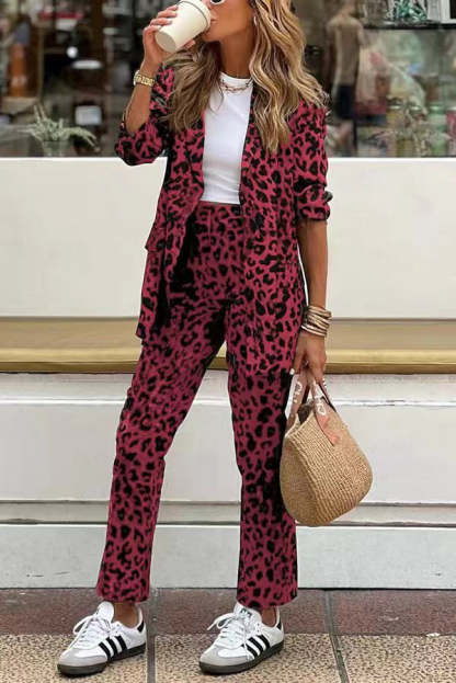 Leopard Pocket Relaxed Lapel Blazer and Elastic Waist Pants Set