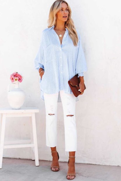🎁Last Day Sale 50% OFF🏆️Mid-length smocked shirt with striped lapel and oversized drawdown sleeves