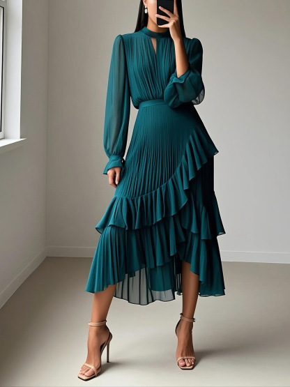 Elegant Pleated Ruffle Asymmetrical Long Sleeve Dress (Buy 2 Free Shipping)