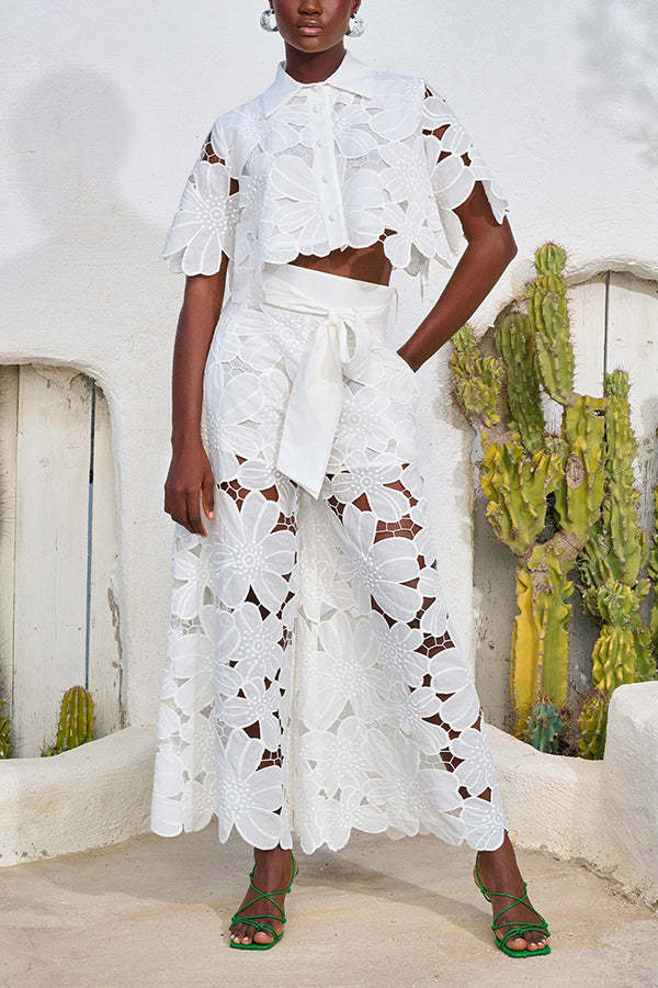 Floral Lace Cropped Shirt and Belt Pocketed Wide Leg Pants Set