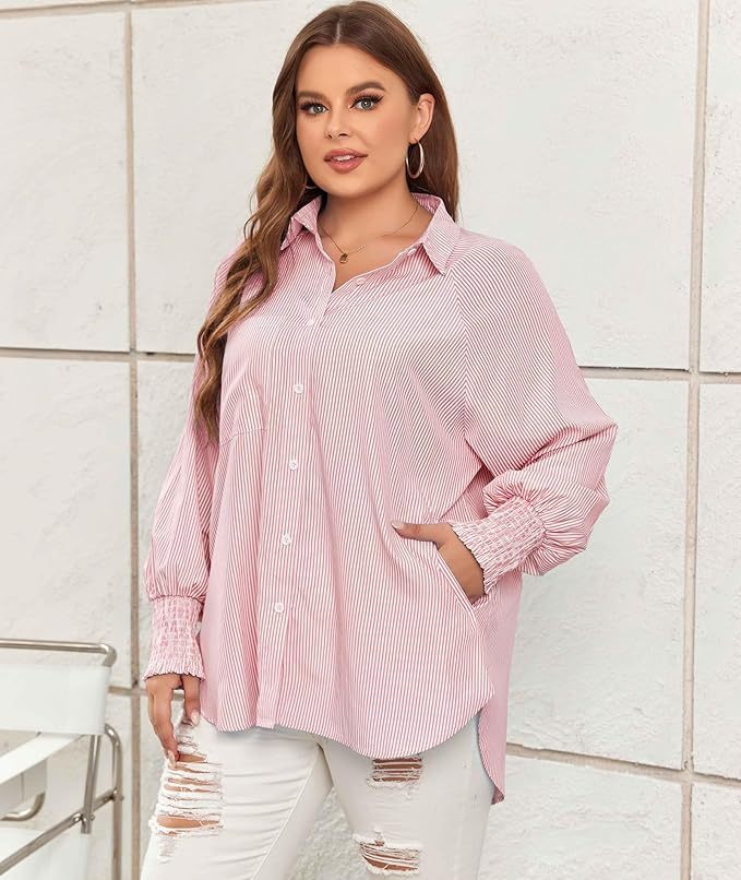 🎁Last Day Sale 50% OFF🏆️Mid-length smocked shirt with striped lapel and oversized drawdown sleeves