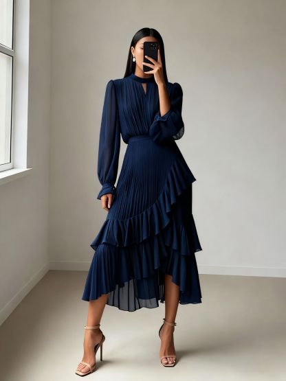 Elegant Pleated Ruffle Asymmetrical Long Sleeve Dress (Buy 2 Free Shipping)
