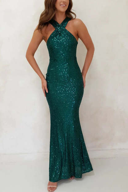 Time To Sparkle Sequin Cross Halter Neck Backless Maxi Dress (Buy 2 Free Shipping)