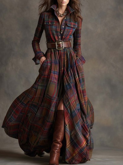 Retro Ethnic Style Lapel Reddish Brown Plaid Maxi Dress with Belts (Buy 2 Free Shipping)