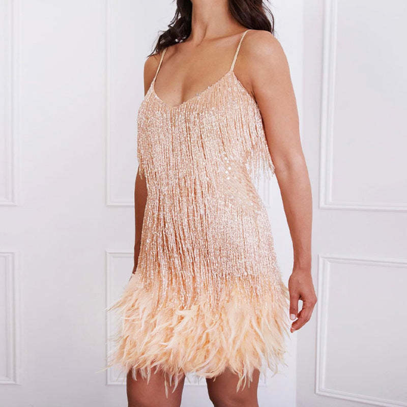 Feather Fringe Sequin Spaghetti Strap Dress