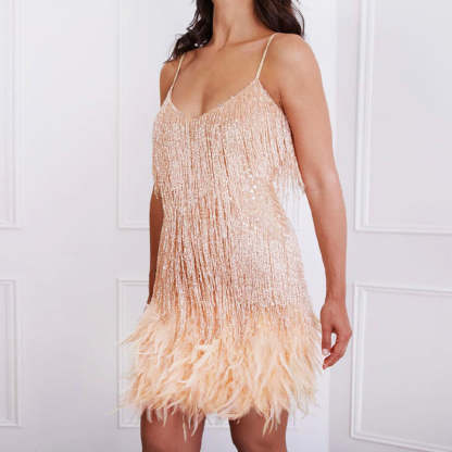 Feather Fringe Sequin Spaghetti Strap Dress