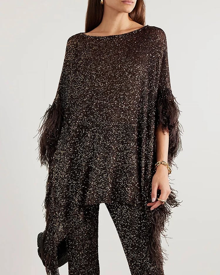 Asymmetric Feather Trimmed Sequin Embellished Top and Pants Set