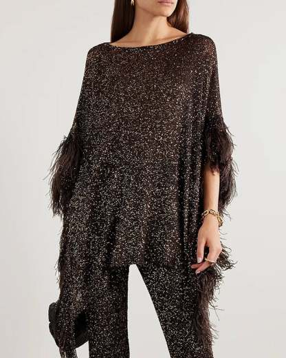 Asymmetric Feather Trimmed Sequin Embellished Top and Pants Set