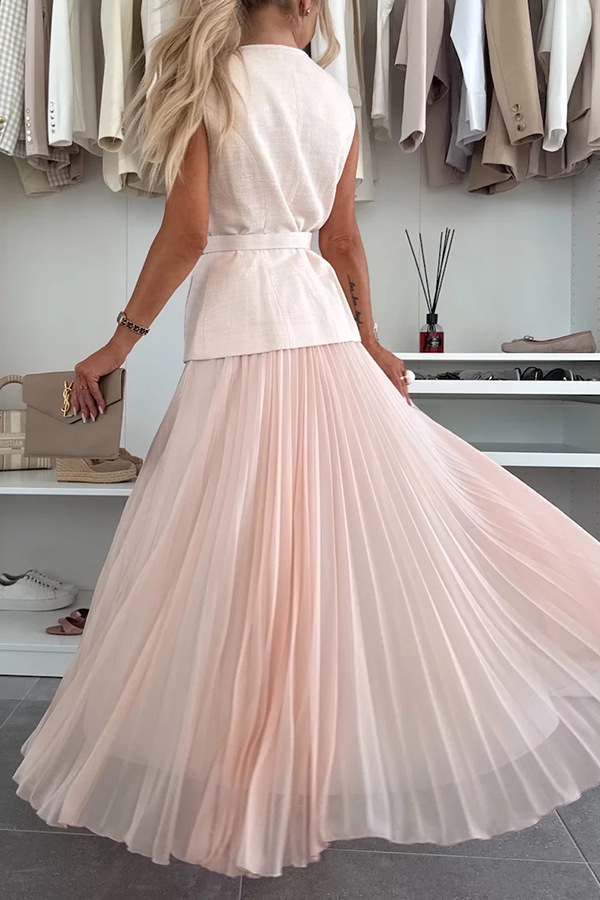 Elegant Sleeveless Belted Top and Pleated Maxi Skirt Set