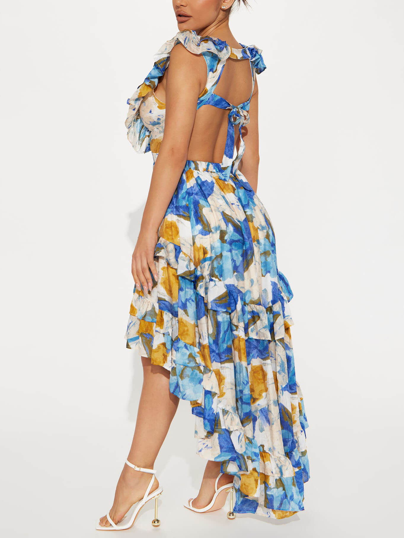 Floral Ruffle High-Low Backless Dress with Deep V-Neck