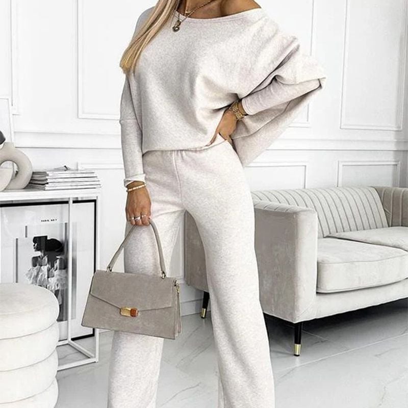 Solid Color Drop Shoulder Pullover and Loose Pants Set (Buy 2 Free Shipping)