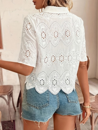 Embroidered Eyelet Collared Button Shirt Top