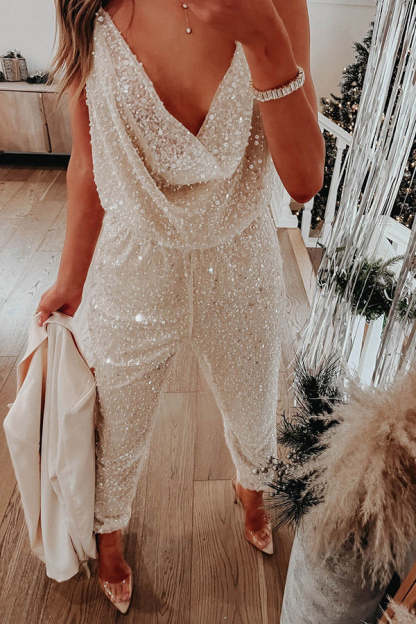 Cheers To Me Sequin Halter Elastic Waist Jumpsuit